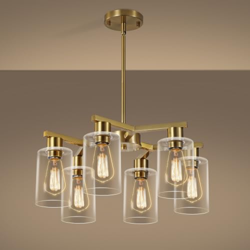 6 Light Modern Farmhouse Gold Chandelier with Clear Glass Shade