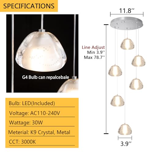 6 Lights Pendant Lighting for Entrance Modern Crystal Chandeliers LED Crystal Hanging Lights for Dining Room Bedroom Foyer Staircase Living Room 3000K