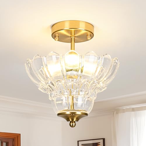 Vintage Gold Semi Flush Mount Light with Floral Class Shade (Gold)