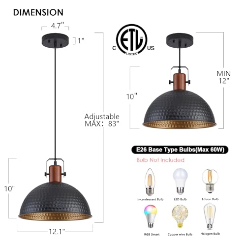 12 Inch Black Pendant Lights Hammered Matte Pendant Lights for Kitchen Island Industrial Farmhouse Adjustable Height Dome Hanging Light Fixtures for Barn (2 Count)