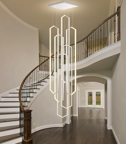 6 Rings Silver Modern Long Large Chandelier Dimmable LED High Ceiling Chandelier for Living Room Foyer Staircase Enterway Hanging Light Fixture Modern Ceiling Light