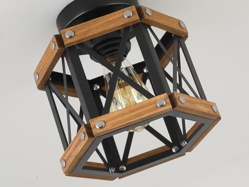 Rustic Farmhouse Wood Flush Mount Ceiling Light Fixture Oak Wood and Metal Hexagon Cage Small Semi Flush Mount Ceiling Light for Kitchen Hallway Entryway Bedroom Farmhouse Country (Small 1 light)
