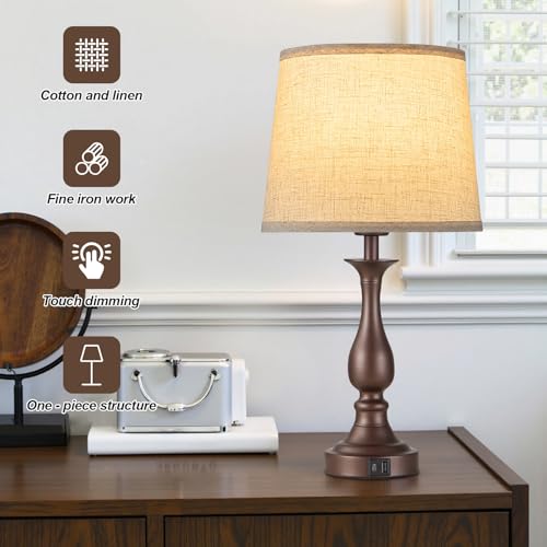 Bedside Table Lamp Touch Control Bedroom Lamps with USB A + C Charging Port 3 Way Dimmable Touch Lamps for Nightstand Living Room Bedroom Dorm Home Office Reading (2 Count)