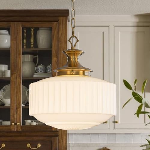 Vintage Brass Milk Glass Pendant Light Fixture