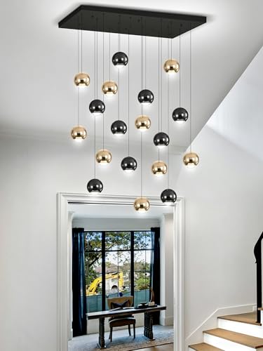 Rectangular Chandelier Crystal Balls Chandeliers Flush Mount Ceiling Light for Dining Room Living Room High Ceiling Chandelier for Staircase Foyer Entryway Black and Gold Chandeliers 2700k