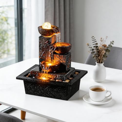 Three Bowls with Rotating Ball Flowing Tabletop Fountain Home Décor Indoor Decor Waterfall Sound Zen Mini Fountain Warm Led Light Pebbles Stone