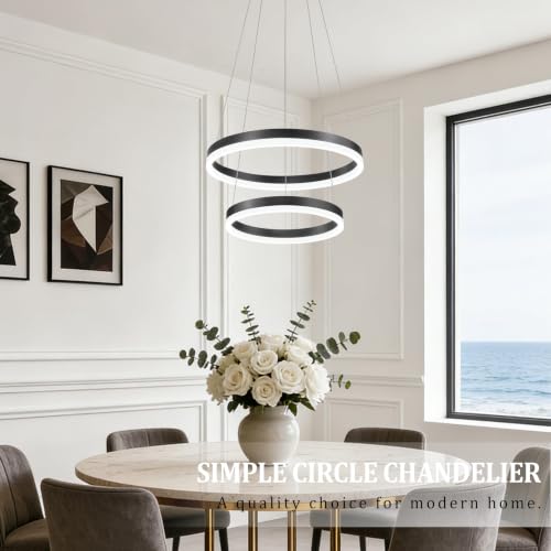 Modern Black Led Chandelier 2 Rings Dimmable LED Chandeliers with Remote Control Light Fixture for Kitchen Island Height Adjustable Chandelier Led Pendant Light for Living Room Dining Room