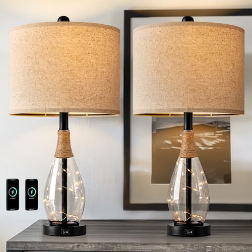 23" Table Lamps for Living Room Set of 2 Bedside Lamps for Night Stands Bedroom Lamps Farmhouse Rattan Boho Lamp Glass Nightlight End Table Lamp with USB C+A (2 Count)