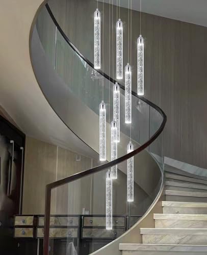 12 Lights Modern Chandeliers for Entryway High Ceiling Chandelier LED Dimmable Long Lights Fixture Pendants Lighting Crystal Chandeliers for Hallway Foyer Living Room Silver Finished Lighting