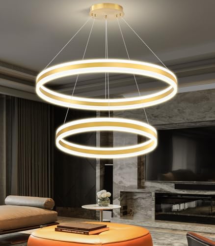 D23.6''+31.5'' Modern Ring Chandelier for Dining Room LED Dimmable Pendant Lighting High Ceiling Chandelier for Living Room Foyer Bedroom Entryway 3000K
