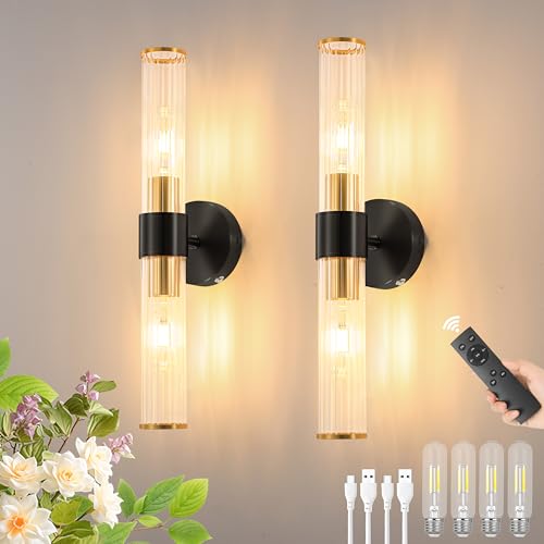 Black Gold Battery Operated Wall Sconces Set of Two