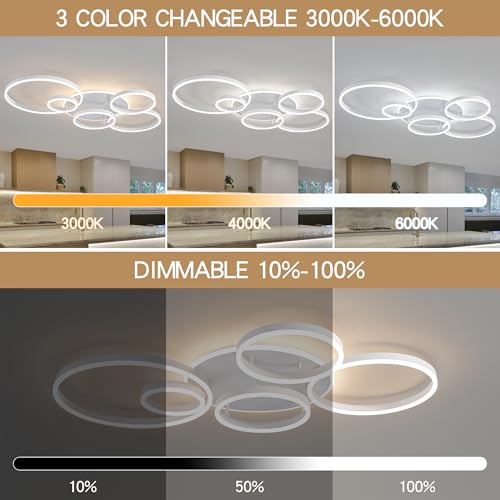 Modern LED Ceiling Light White Flush Mount Ceiling Lights Fixtures Dimmable 47" Dining Room Light Fixture with Remote 6 Rings Kitchen Lighting Fixtures Ceiling Lamp for Bedroom
