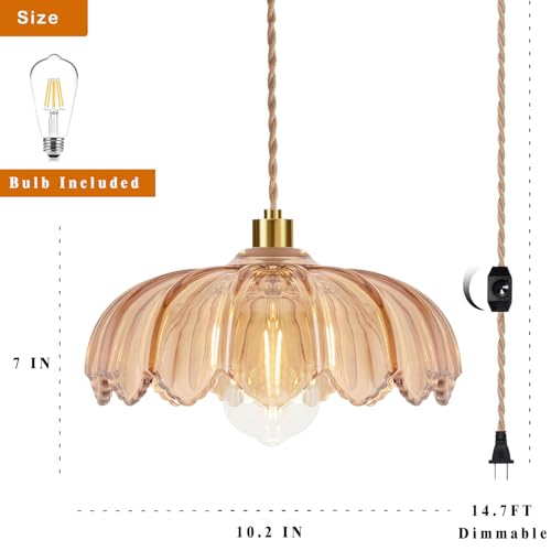 Plug in Pendant Light Hanging Lights with in Cord Mid Century Modern Gold Hanging Lamp Flower Glass Amber Vintage Dimmable Chandelier Ceiling Fixture for Living Room