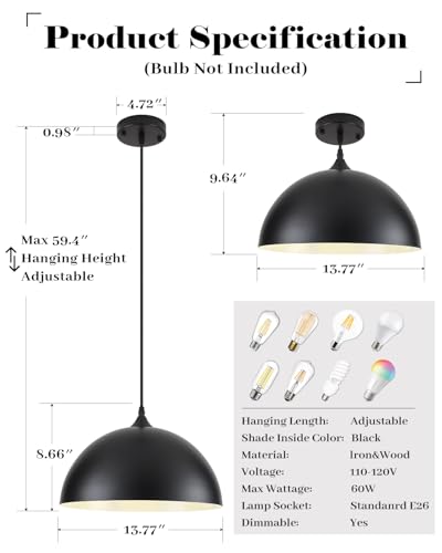14 Inch Black and White Dome Pendant Light