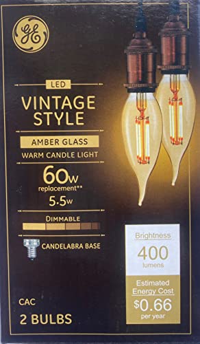 2 Bulbs) Vintage Amber Glass LED Chandelier Bulb, Candelabra Base, 60 watt Equivalent, 400 lumens, Dimmable Decoractive LED Bulb (2 Count)