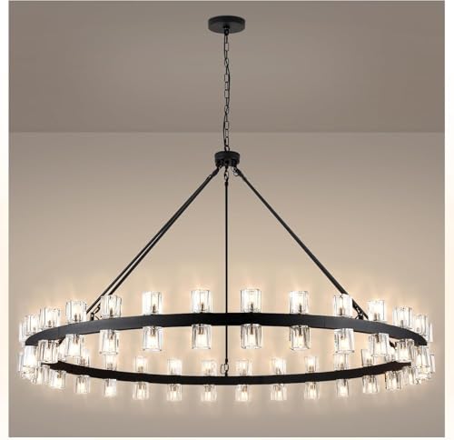 60 Inch Black Wagon Wheel Chandelier with Crystal Shade