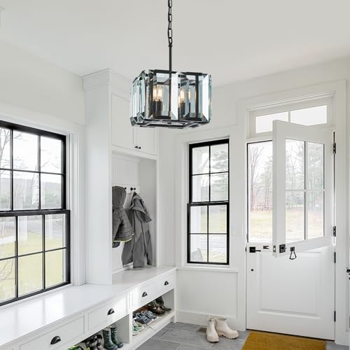 Black Modern Crystal Chandeliers Rectangle Farmhouse Pendant Light Semi Flush Mount Ceiling Light Fixture for Bedroom Dining Room Kitchen Island Living Room Foyer Hallway
