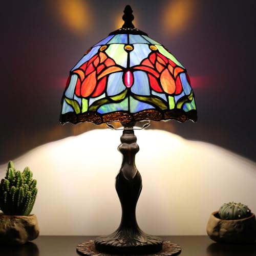 Small Tiffany Table Lamp Stained Glass Memory Lamp Red Tulip Style