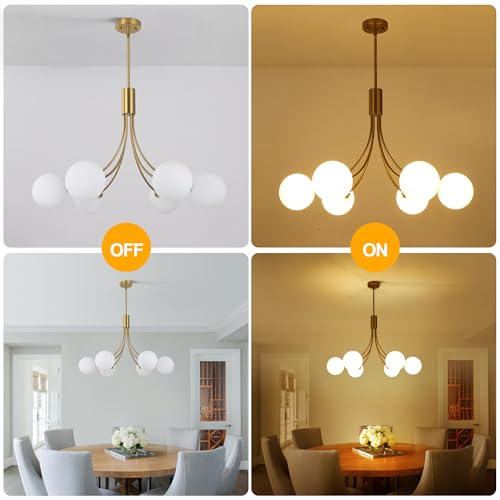 6 Light Modern Gold Sputnik Chandelier Mid Century Brushed Brass Light Fixture with Milk Glass Globes for High Ceiling Dining Room Kitchen Island Living Room