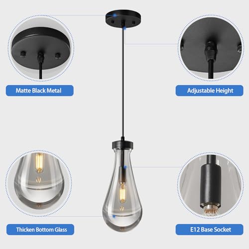 Raindrop Pendant Lights Kitchen Island Set of 3 Teardrop Black Hanging Light Fixtures Clear Solid Glass Pendant Light Modern Chandeliers for Dining Room Porch Corridor Living Room (3 Count)