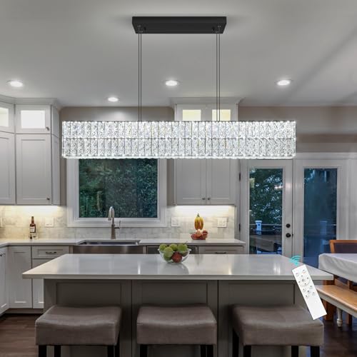 Glam Crystal Chandelier Modern Dimmable Crystal Chandeliers LED Rectangular Ceiling Light Fixtures for Dining Room Living Black