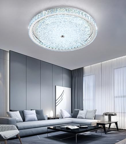 24" Modern Crystal Chandelier Dimmable LED Flush Mount Ceiling Light with Remote Control for Bedroom Hallway Dining Room Silver