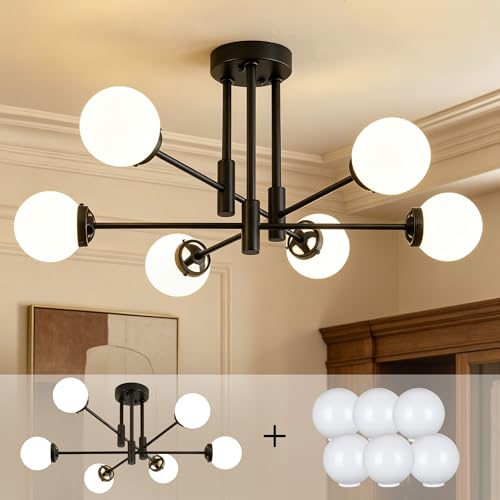 Black Sputnik Ceiling Light Fixture 6 Light with Milk White Glass Shade