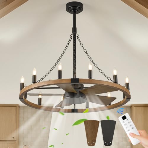 Farmhouse Wagon Wheel Chandelier with Fan 35" Rustic Wood Ceiling Fan Light
