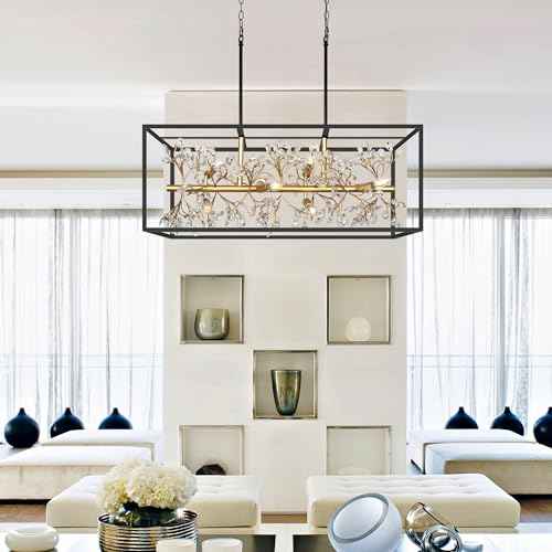 Large Black and Gold Rectangle Chandelier, 8-Light Modern Farmhouse Dining Room Light Fixtures Over Table, Crystal Chandeliers for Kitchen Island Pool Table Room