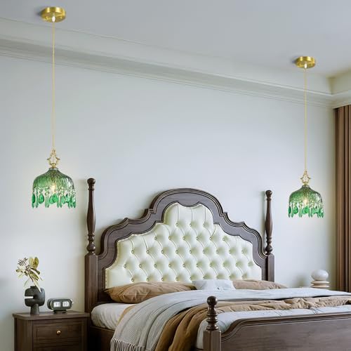 Brass Vintage Pendant Light Green Crystal Hanging Light Fixtures