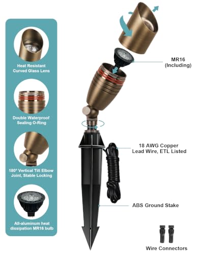 Solid Brass Outdoor Landscape Spotlight with 5W 2700K MR16 Bulb (1 PACK)