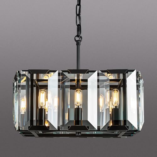 Black Modern Crystal Chandeliers Rectangle Farmhouse Pendant Light Semi Flush Mount Ceiling Light Fixture for Bedroom Dining Room Kitchen Island Living Room Foyer Hallway