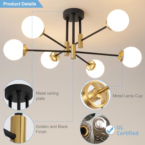 Sputnik Ceiling Light Fixture 6 Light with Milk White Glass Shade