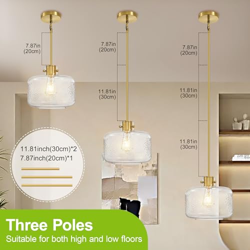 Gold Pendant Lights Kitchen Island with 9.84in Hammered Glass Shade 1Pack