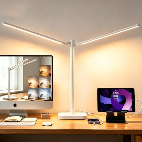 Desk Lamp for Office Home Dual Head 24W Swing Arm Reading Table Lamp White (White)