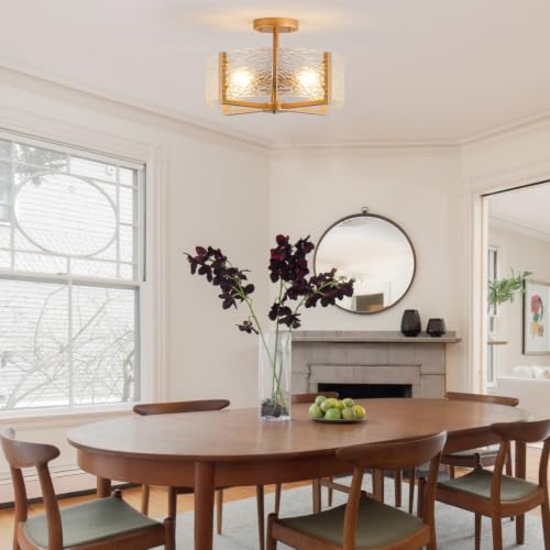 18 inch Large Gold Semi Flush Mount Drum Ceiling Light Fixture