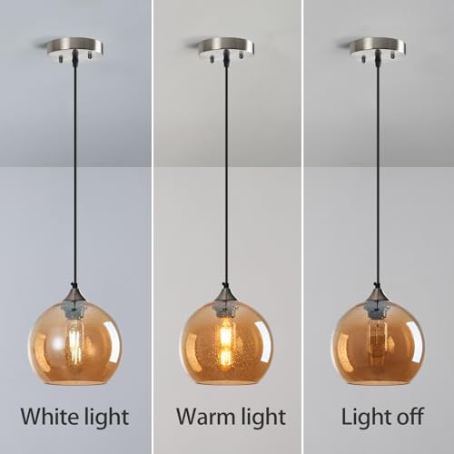 Amber Glass Pendant Lights Kitchen Island Lighting Globe Pendant Light Fixtures Modern Pendant Lighting for Bedroom Living Dining Room Light Fixture (3 Count)