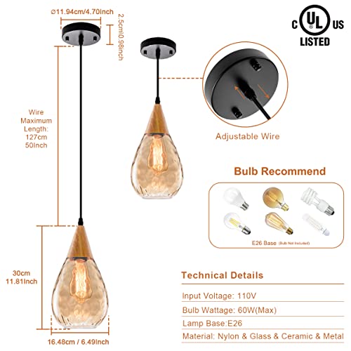 3 Packs Pendant Light with Teardrop Glass Adjustable Nylon Core (3 Count)
