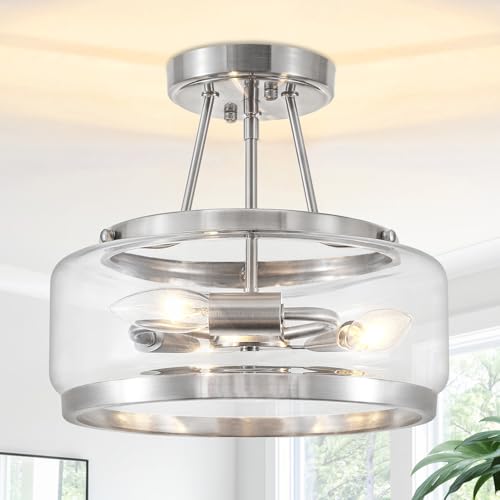 Brushed Nickel Modern Glass Ceiling Light Semi Flush Mount Ceiling Light