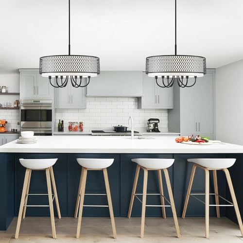 21.65" 6 Lights Large Black Chandelier with Drum White Shades