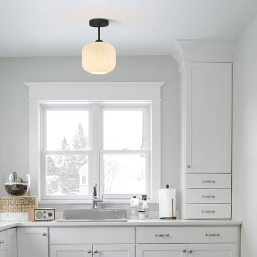 Black and White Flush Mount Ceiling Light Vintage Milk Glass Semi Flush Mount Ceiling Light Black Modern Globe Ceiling Lighting for Bedroom Bathroom Living Room