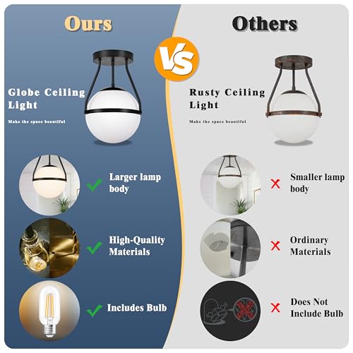 8 Inch Mid Century Ceiling Light Modern Semi Flush Mount Ceiling Light Fixture Globe Ceiling Light Fixture with Milk Glass Shade Matte Black Finish for Kitchen Island Hallway Laundry
