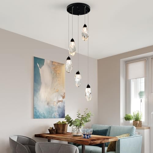 5 Light Black Crystal Chandelier Teardrop Dimmable Pendant Light