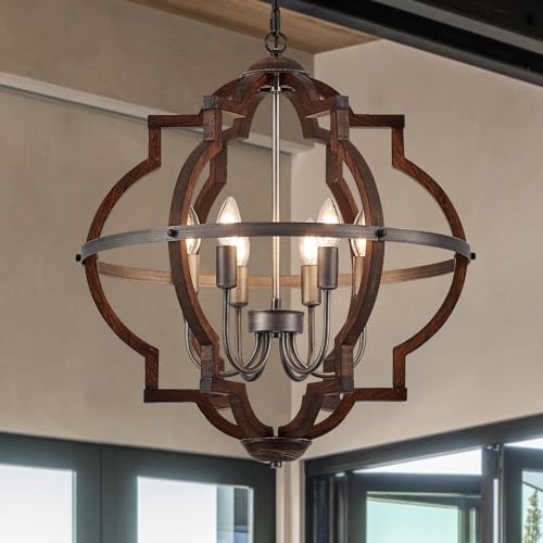 6 Light Wood Farmhouse Chandelier for Dining Room Hallway