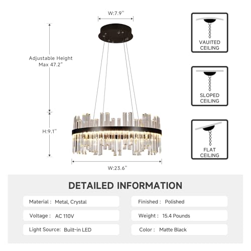 24" Black Round Modern Dimmable LED Crystal Chandelier with Remote