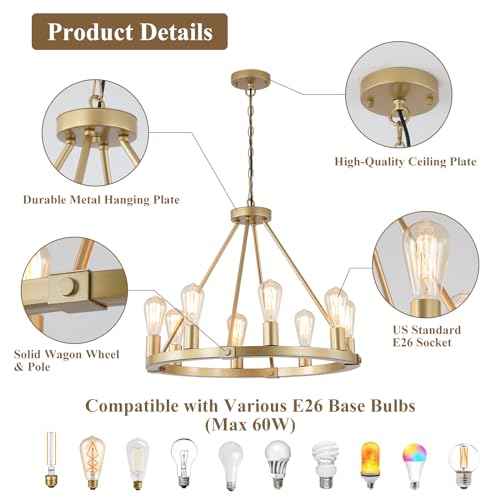 23.6“ 8 Lights Golden Wagon Wheel Chandelier, Large Luxury Kitchen Island Pendant Light for Living Dining Room Foyer Entryway,Height Adjustable,E26.