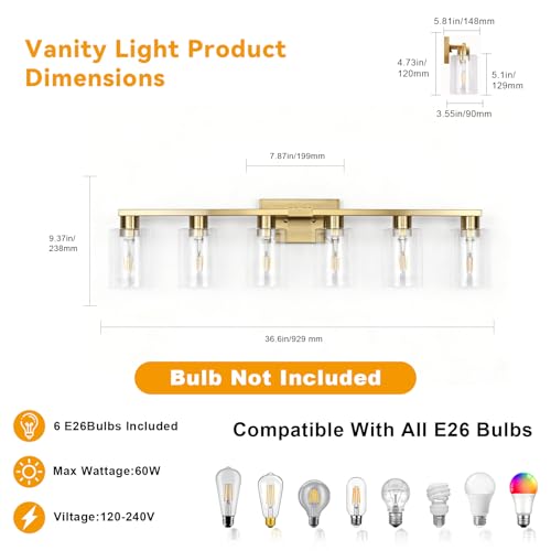 6 Light Bathroom Vanity Light Brushed Gold