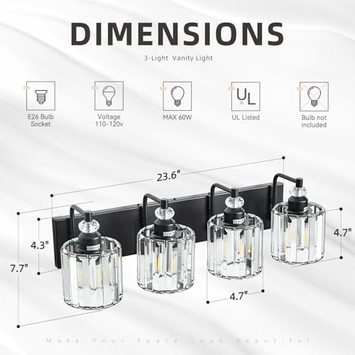 4 Light Black Bathroom Light Fixtures Over Mirror Modern Vanity Lights Crystal Wall Sconce Vintage Bathroom Lighting with Crystal Shade E26 Base for Bedroom