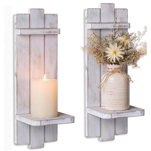 Whitewashed Wood Candle Sconces Wall Decor Set of 2 (2 Count)