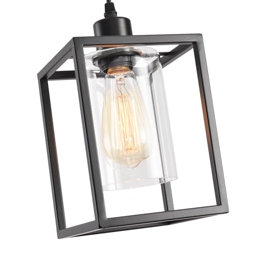 Black Pendant Lights for Kitchen Island Industrial Lantern Pendant Light Fixtures with Clear Glass Shade (2 Count)